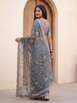 Peachmode Grey Net Saree With All-Over Floral Thread Embroidery - Image 2