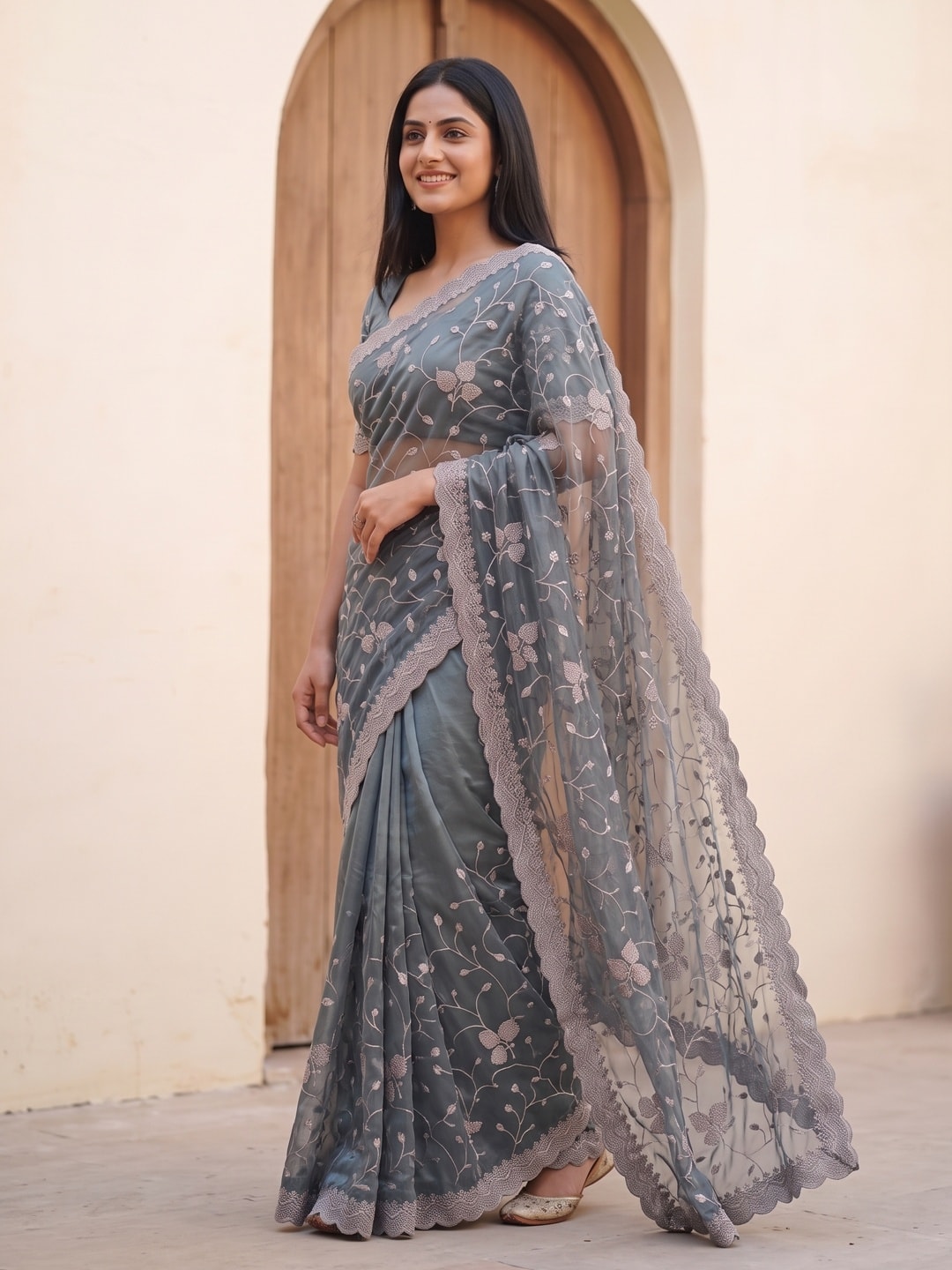 Peachmode Grey Net Saree With All-Over Floral Thread Embroidery - Image 3