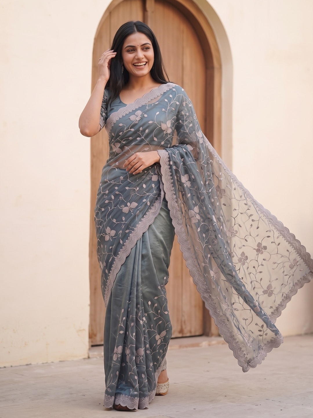 Peachmode Grey Net Saree With All-Over Floral Thread Embroidery - Image 4