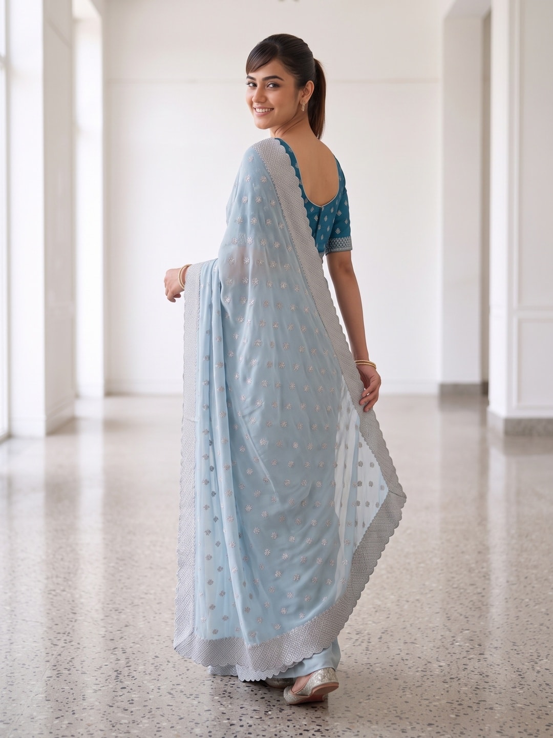 Peachmode Powder Blue Georgette Saree With Embroidered Buttis And Lace Border - Image 2