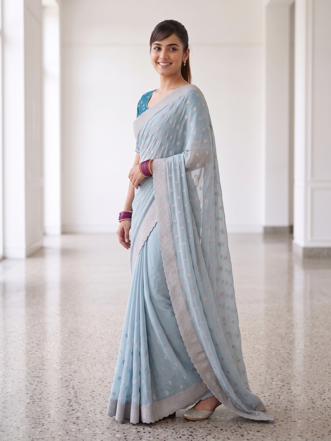 Peachmode Powder Blue Georgette Saree With Embroidered Buttis And Lace Border - Image 3