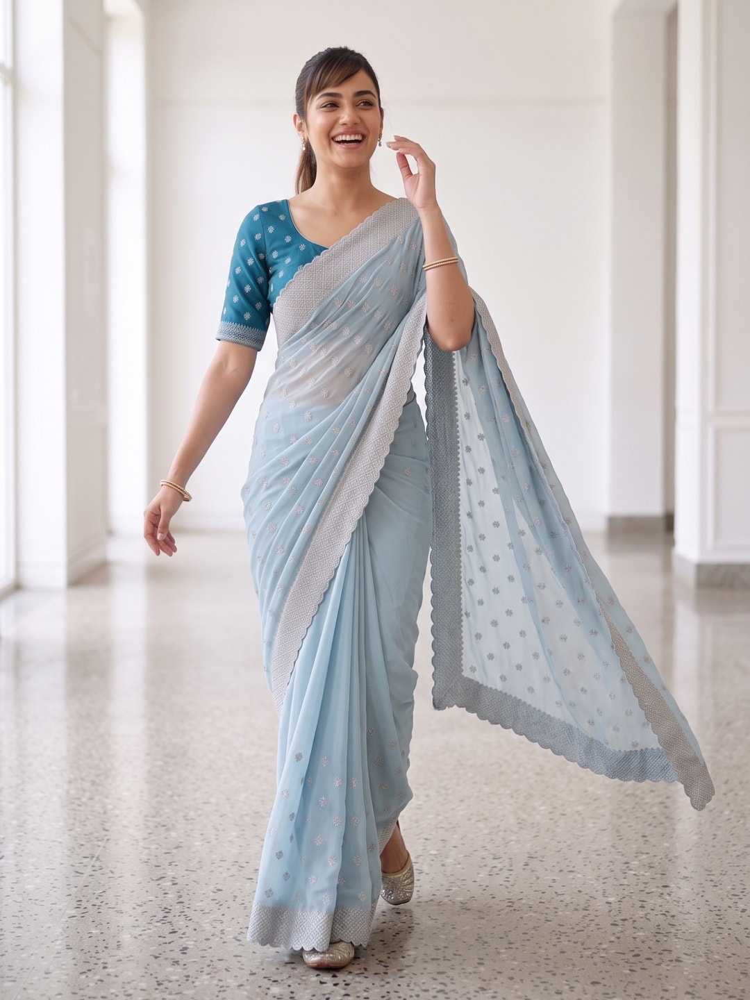 Peachmode Powder Blue Georgette Saree With Embroidered Buttis And Lace Border - Image 4