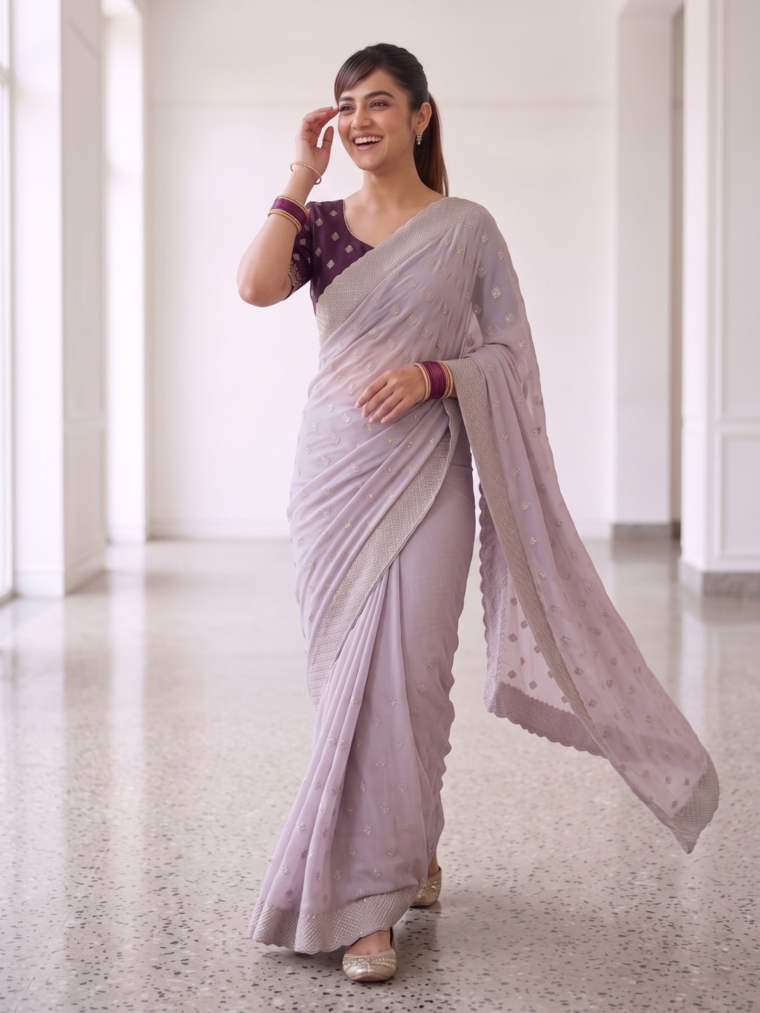 Peachmode Lavender Georgette Saree With Embroidered Buttis And Lace Border - Image 4