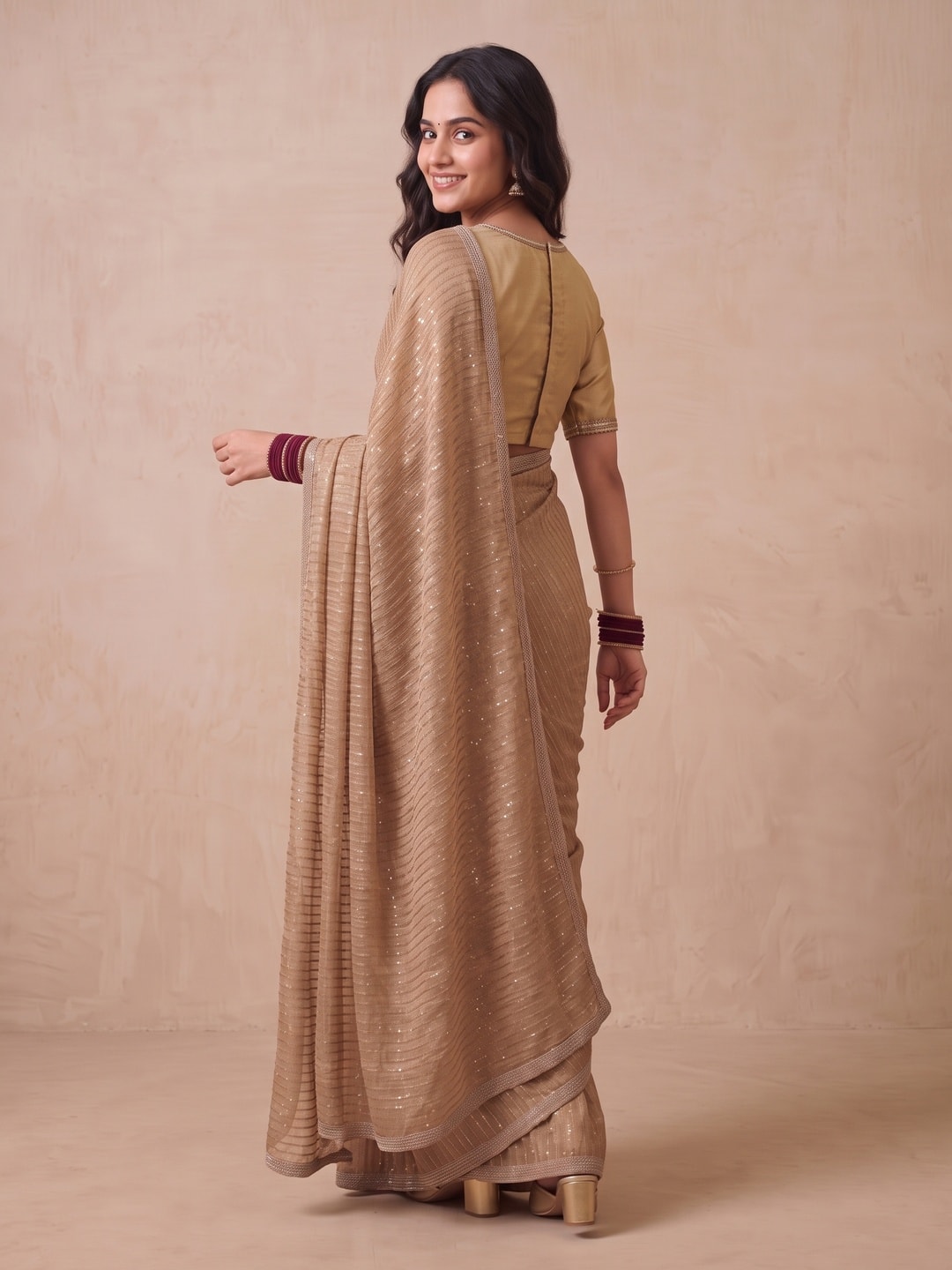Peachmode Gold Georgette Saree With Sequin Stripes - Image 2