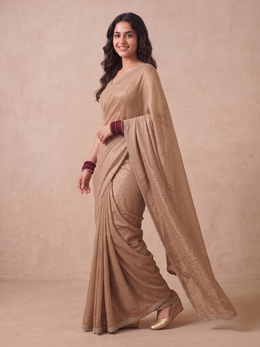 Peachmode Gold Georgette Saree With Sequin Stripes - Image 3