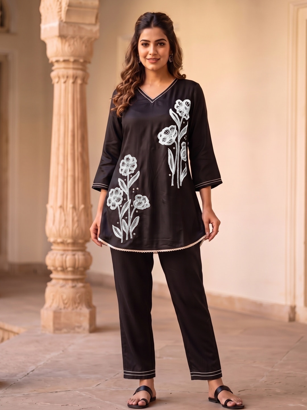 Peachmode Black Viscose Blend Bead Embroidered Top Bottom Set - Image 1