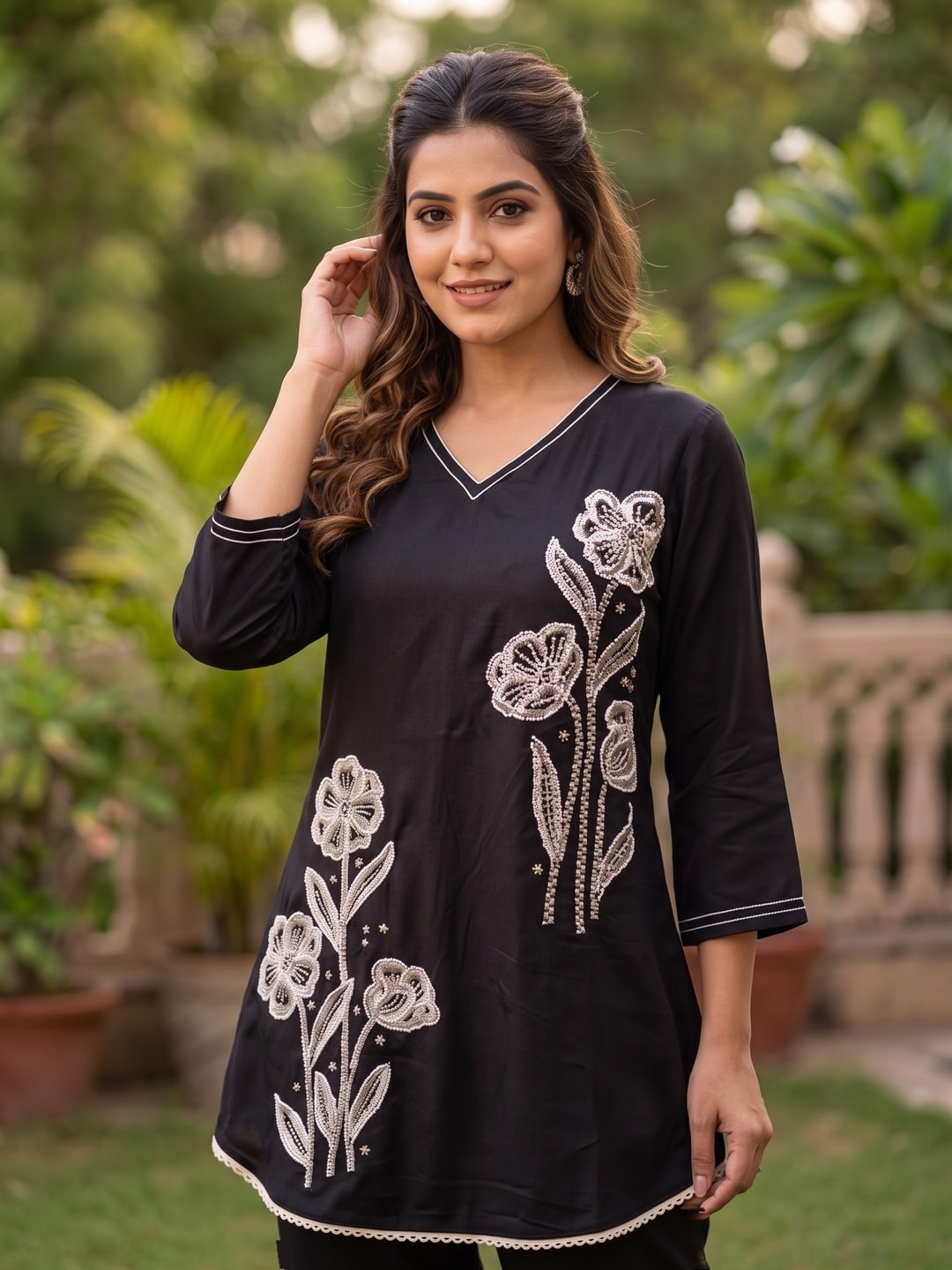 Peachmode Black Viscose Blend Bead Embroidered Top Bottom Set - Image 5