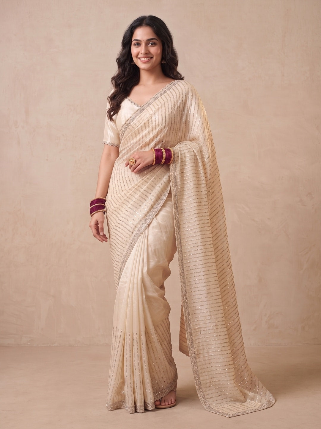 Peachmode Cream Georgette Saree With Zari Stripes - Image 1