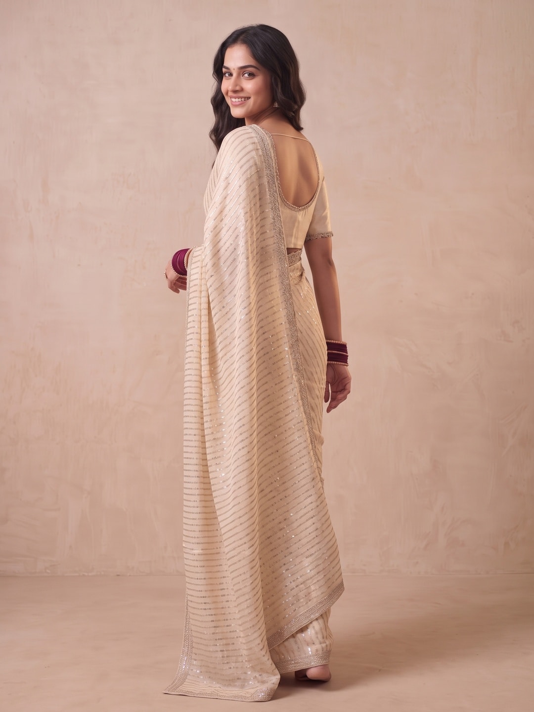 Peachmode Cream Georgette Saree With Zari Stripes - Image 2
