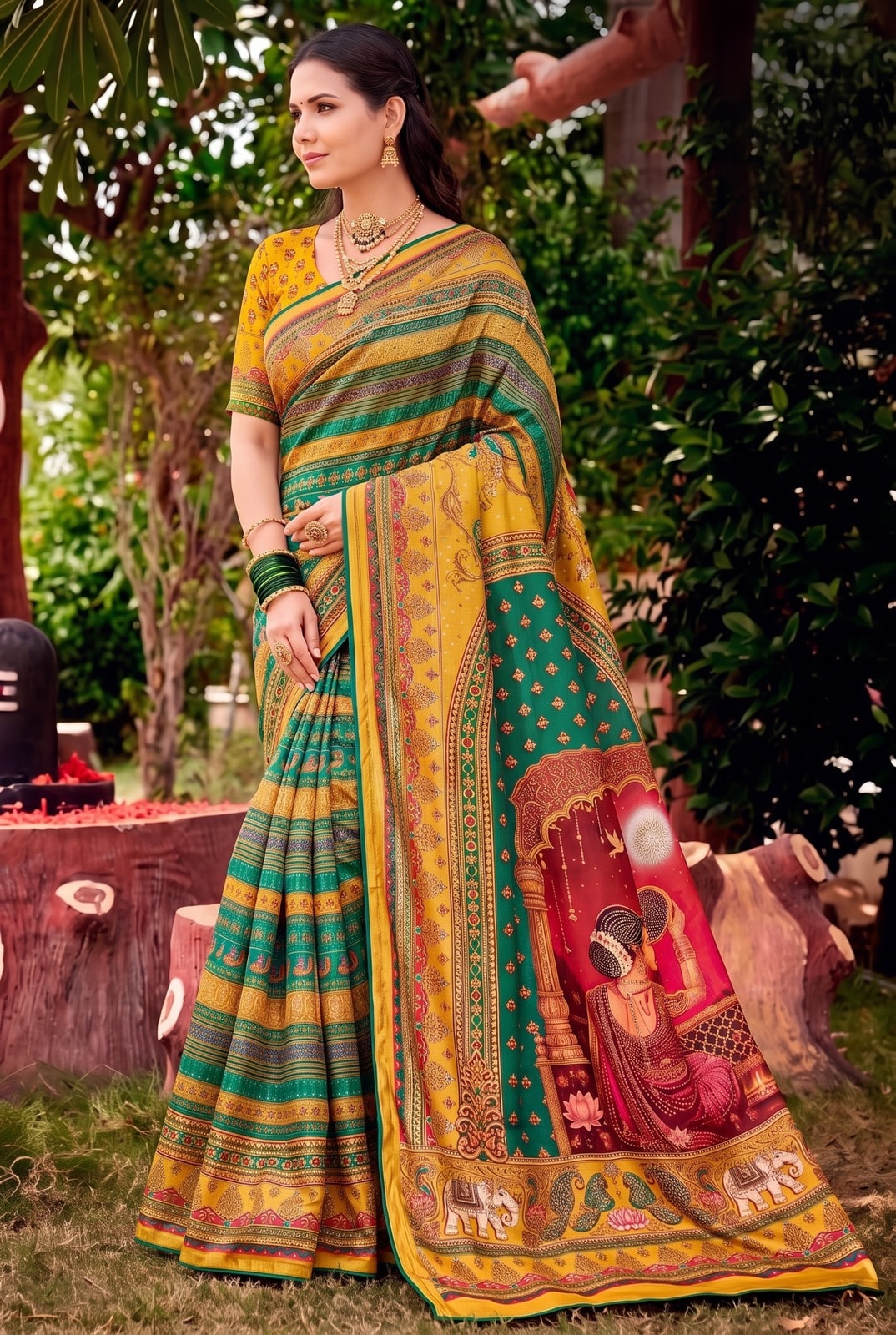 Peachmode Green Digital Print Chinon Saree With Floral Paisley Stripes And Decorative Pallu - Image 2