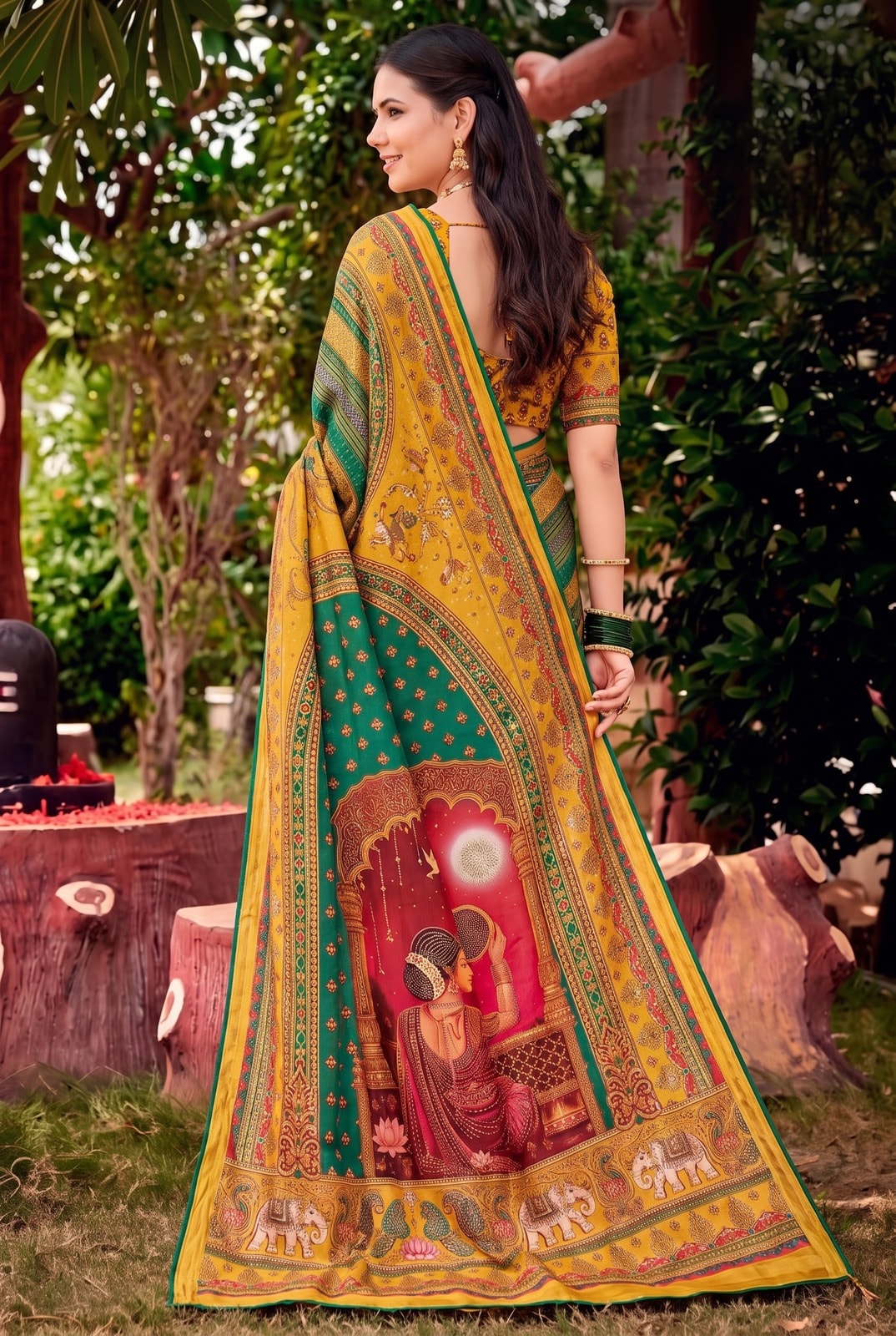 Peachmode Green Digital Print Chinon Saree With Floral Paisley Stripes And Decorative Pallu - Image 3