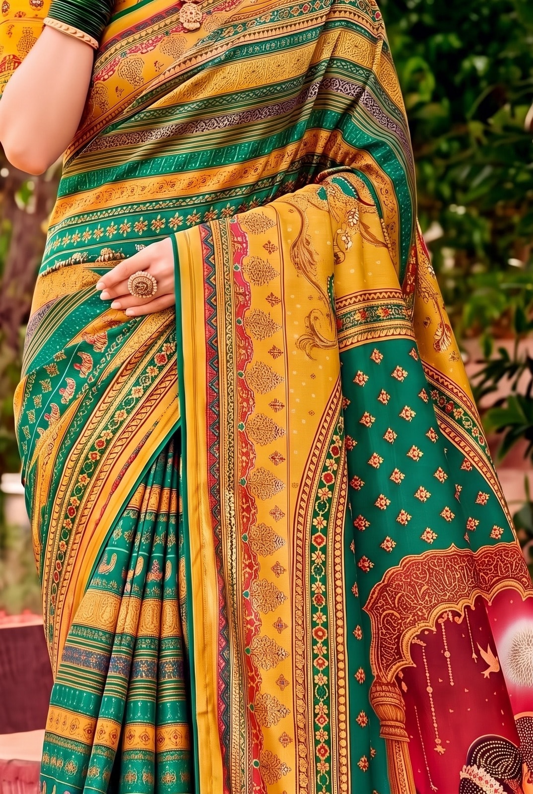 Peachmode Green Digital Print Chinon Saree With Floral Paisley Stripes And Decorative Pallu - Image 4
