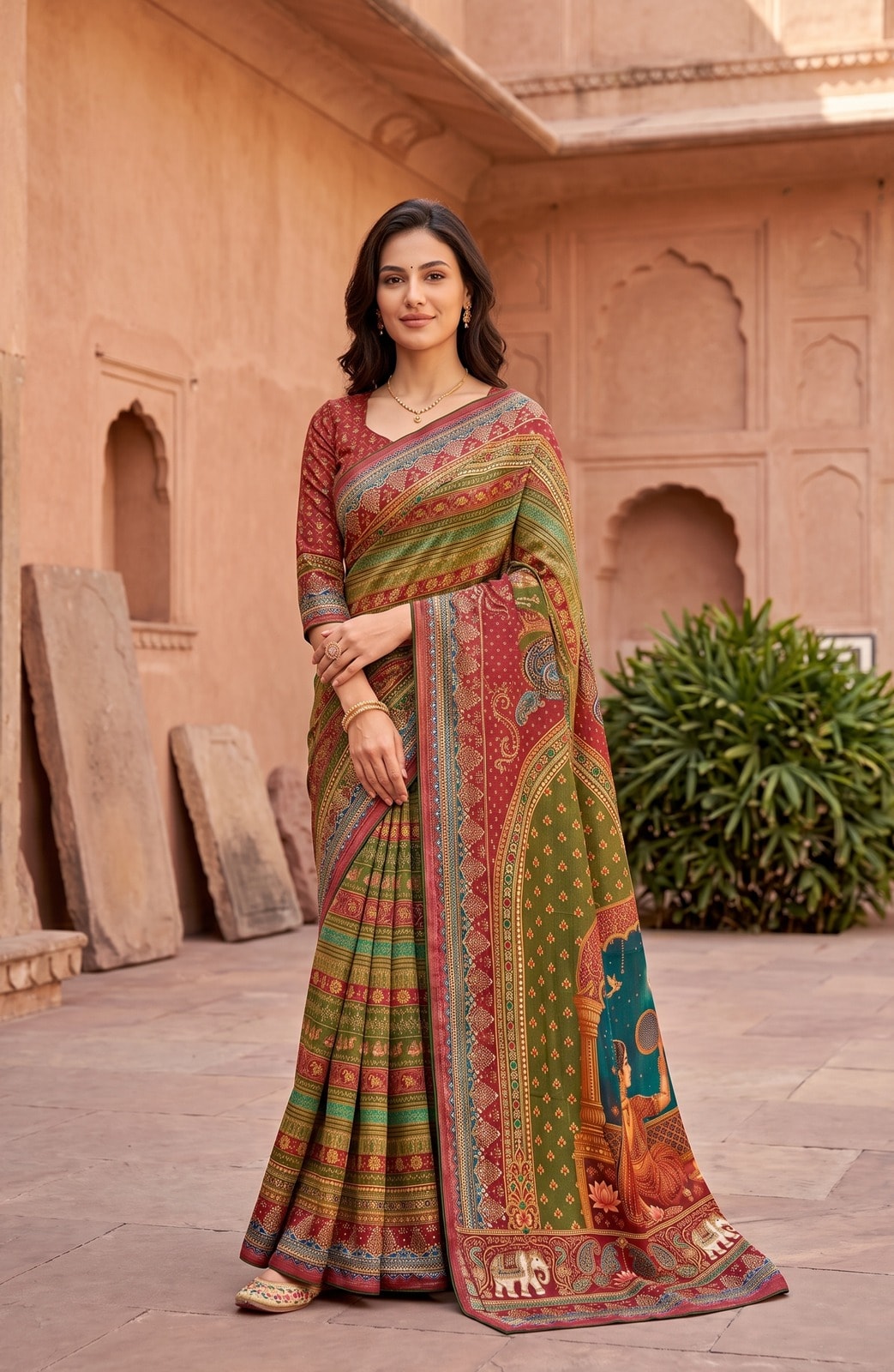 Peachmode Red Digital Print Chinon Saree With Floral Paisley Stripes And Decorative Pallu - Image 1