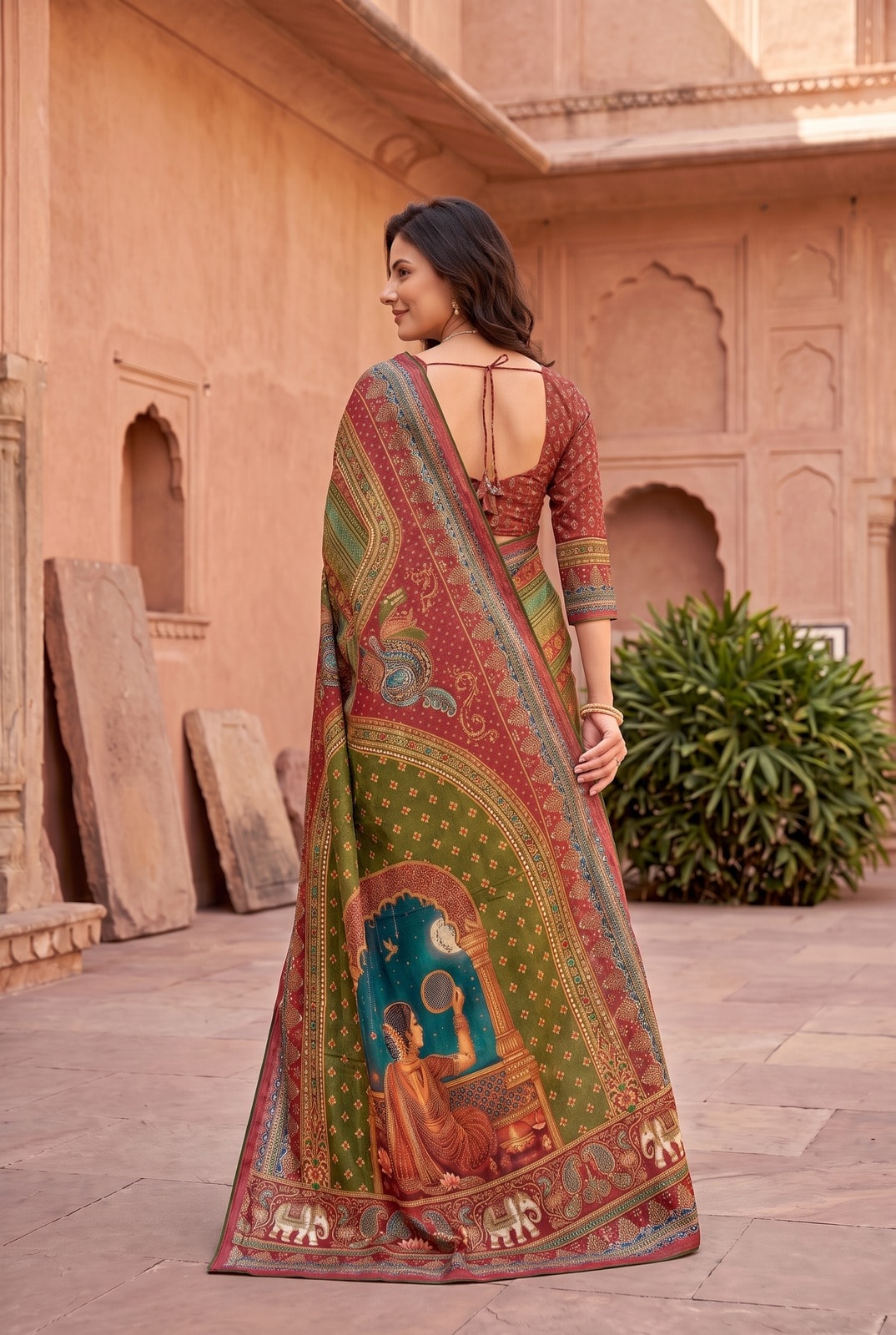 Peachmode Red Digital Print Chinon Saree With Floral Paisley Stripes And Decorative Pallu - Image 3