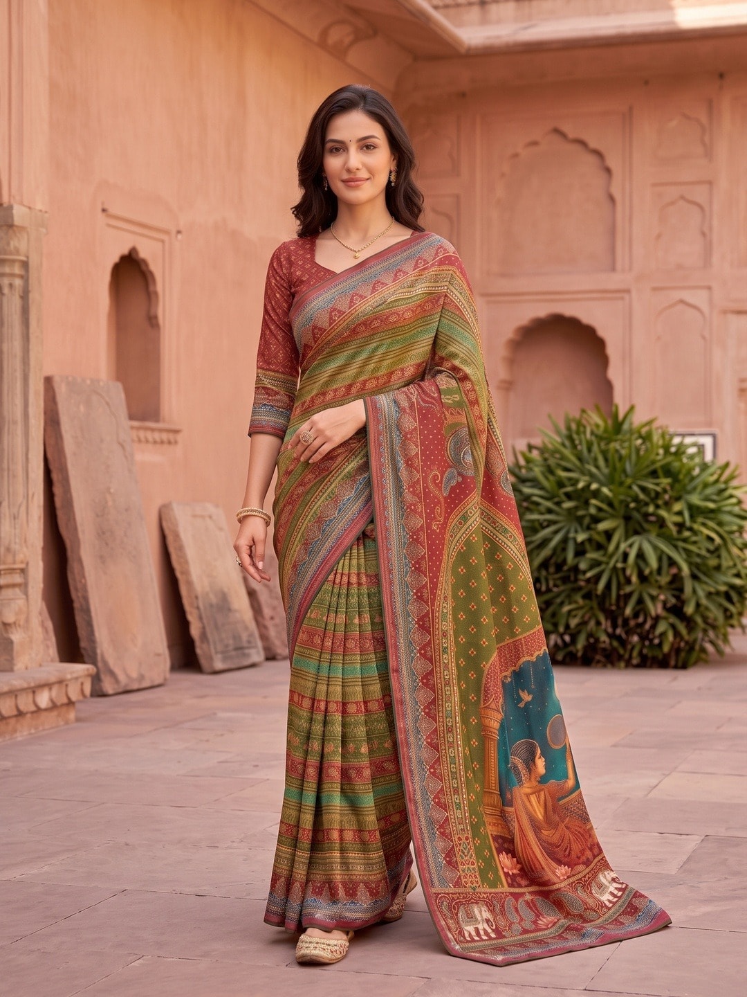 Peachmode Red Digital Print Chinon Saree With Floral Paisley Stripes And Decorative Pallu - Image 5
