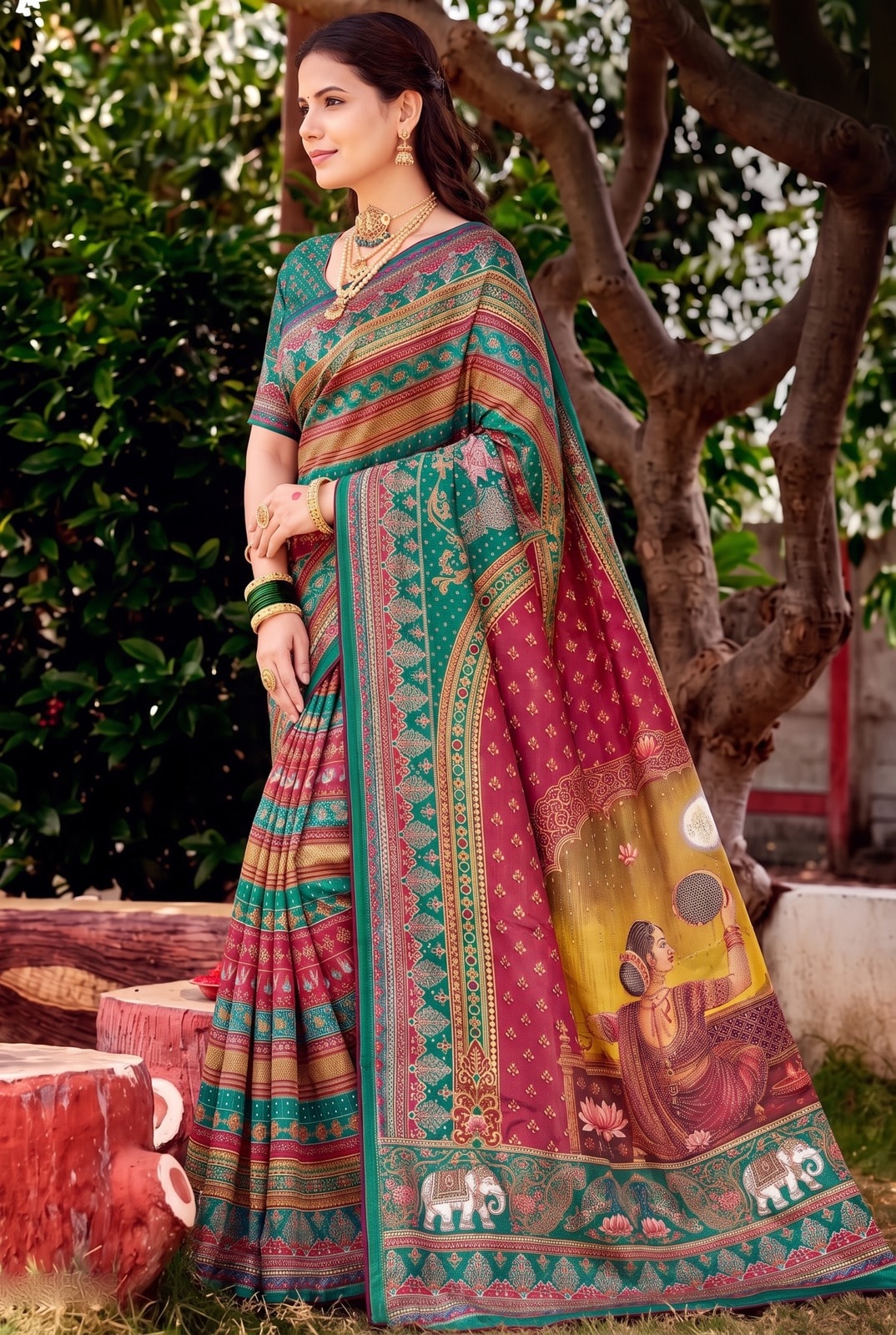 Peachmode Green Digital Print Chinon Saree With Floral Paisley Stripes And Decorative Pallu - Image 2