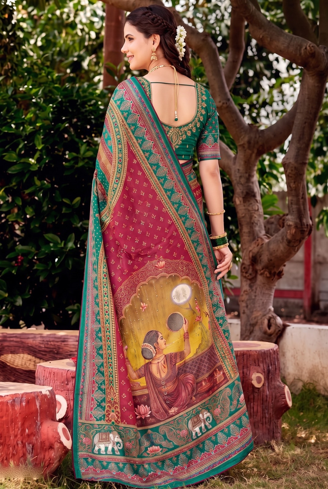 Peachmode Green Digital Print Chinon Saree With Floral Paisley Stripes And Decorative Pallu - Image 3