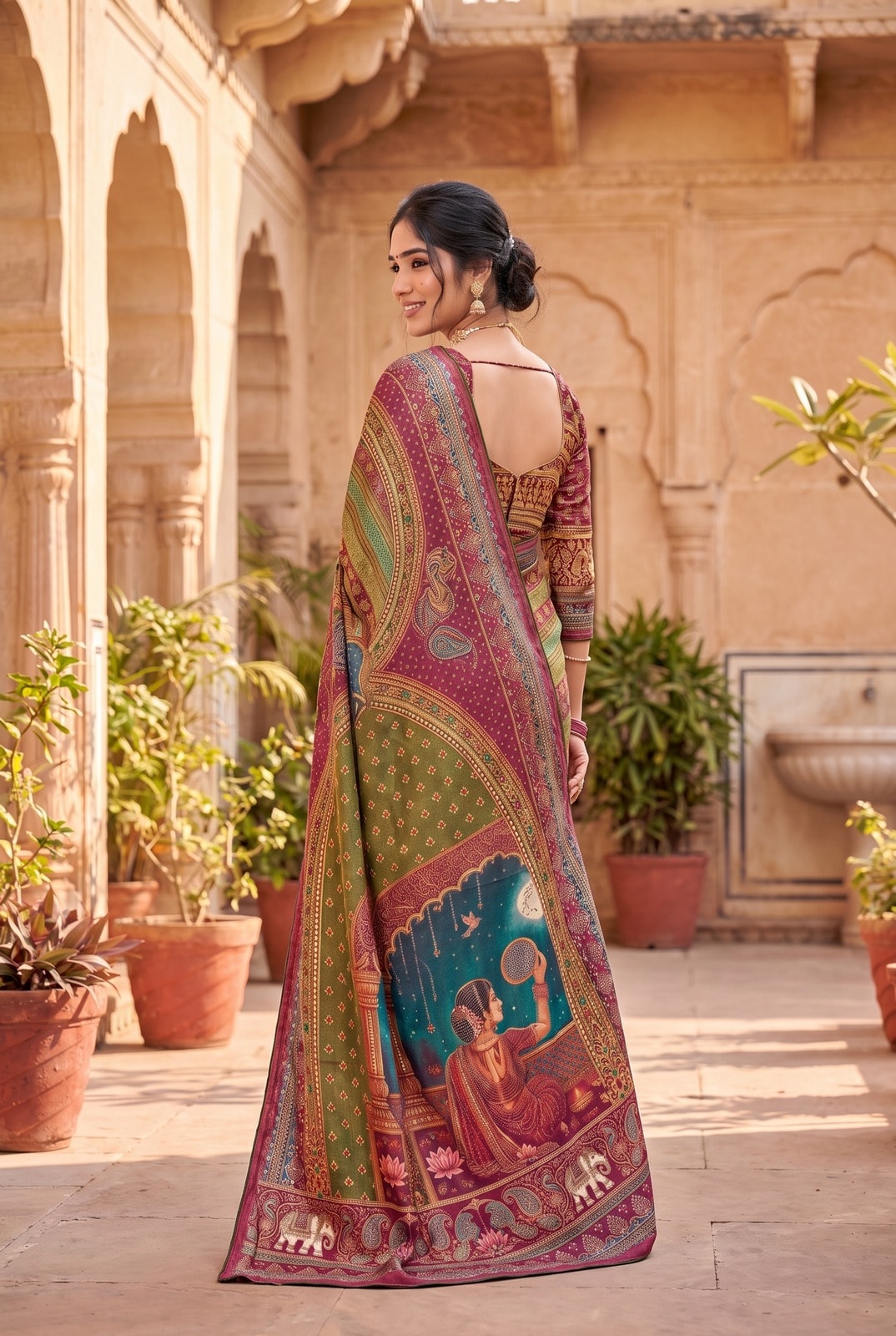Peachmode Pink Digital Print Chinon Saree With Floral Paisley Stripes And Decorative Pallu - Image 2
