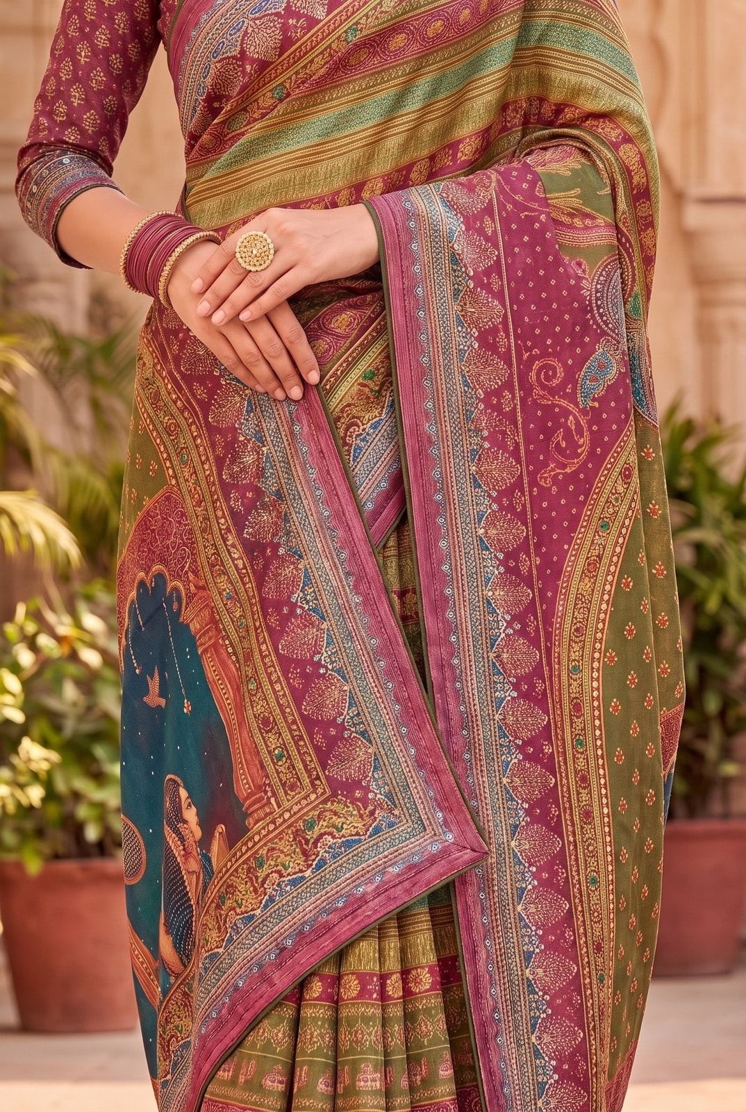 Peachmode Pink Digital Print Chinon Saree With Floral Paisley Stripes And Decorative Pallu - Image 4
