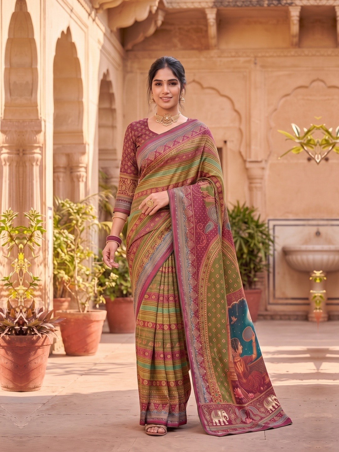 Peachmode Pink Digital Print Chinon Saree With Floral Paisley Stripes And Decorative Pallu - Image 5