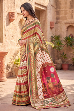 Peachmode Off White Digital Print Chinon Saree With Floral Paisley Stripes And Decorative Pallu - Image 2