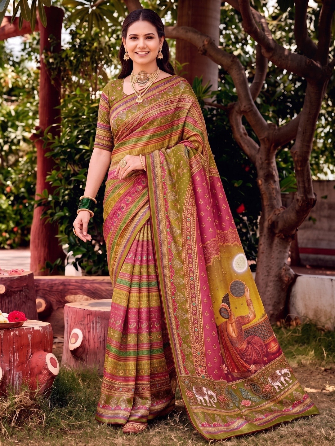 Peachmode Mehendi Digital Print Chinon Saree With Floral Paisley Stripes And Decorative Pallu - Image 5