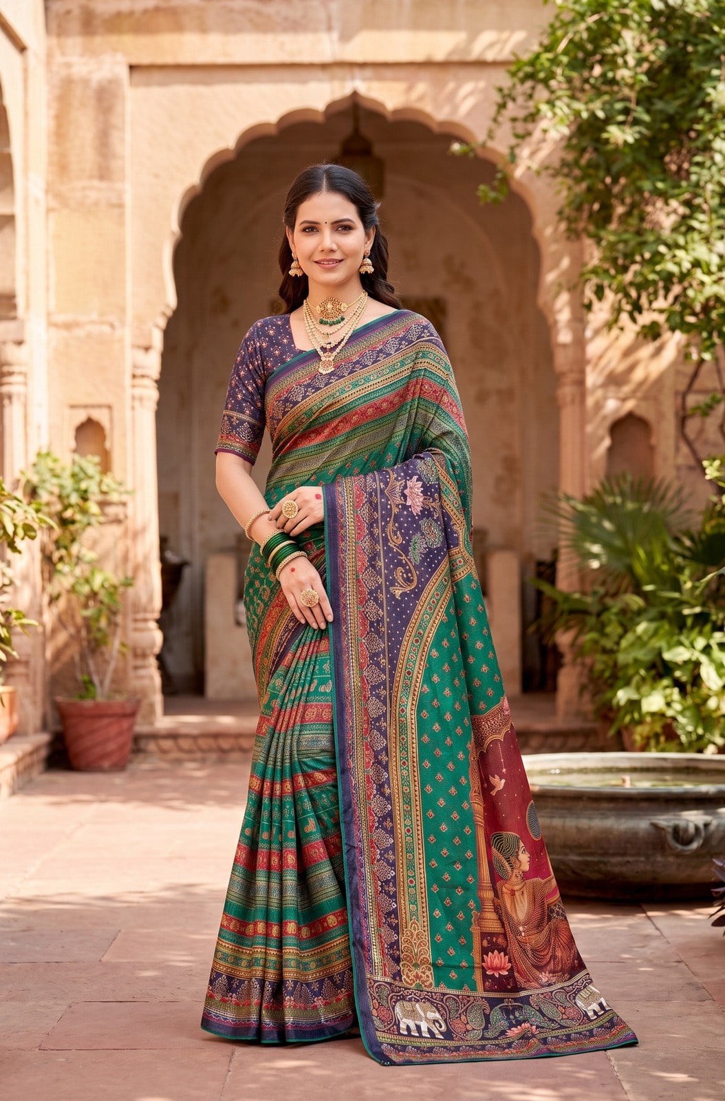 Peachmode Blue Digital Print Chinon Saree With Floral Paisley Stripes And Decorative Pallu - Image 1