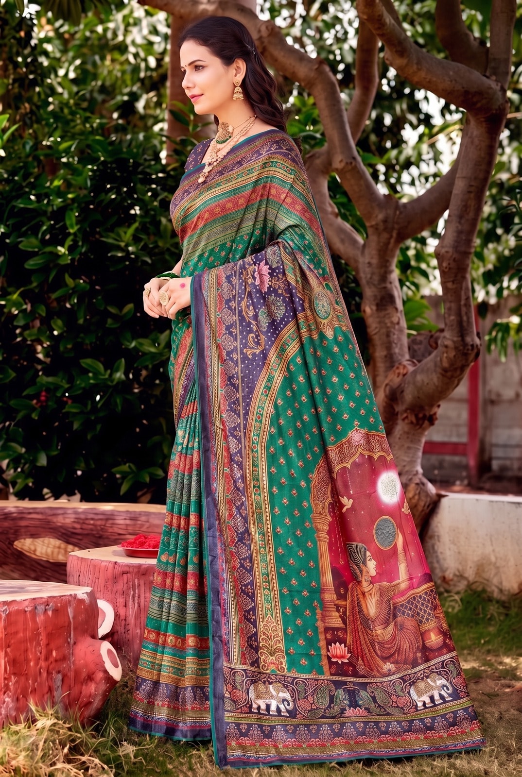 Peachmode Blue Digital Print Chinon Saree With Floral Paisley Stripes And Decorative Pallu - Image 3