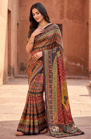 Peachmode Maroon Digital Print Chinon Saree With Floral Paisley Stripes And Decorative Pallu - Image 1