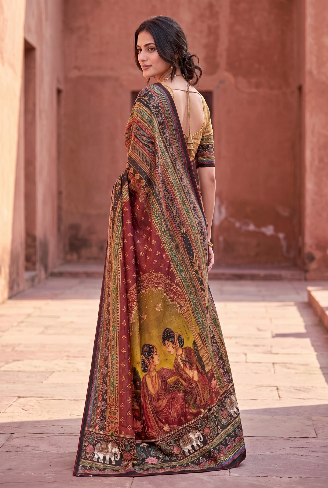 Peachmode Maroon Digital Print Chinon Saree With Floral Paisley Stripes And Decorative Pallu - Image 2