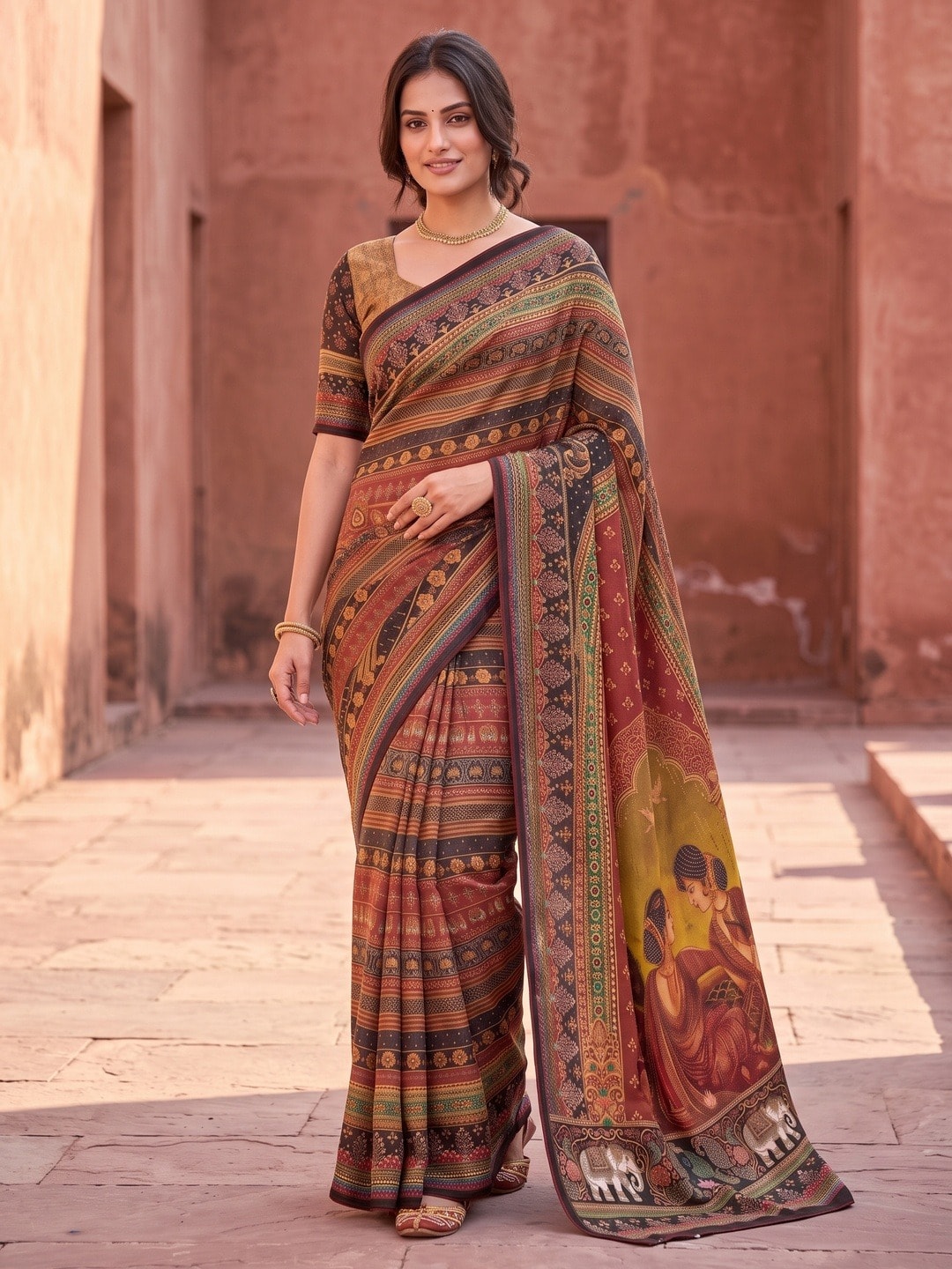 Peachmode Maroon Digital Print Chinon Saree With Floral Paisley Stripes And Decorative Pallu - Image 5