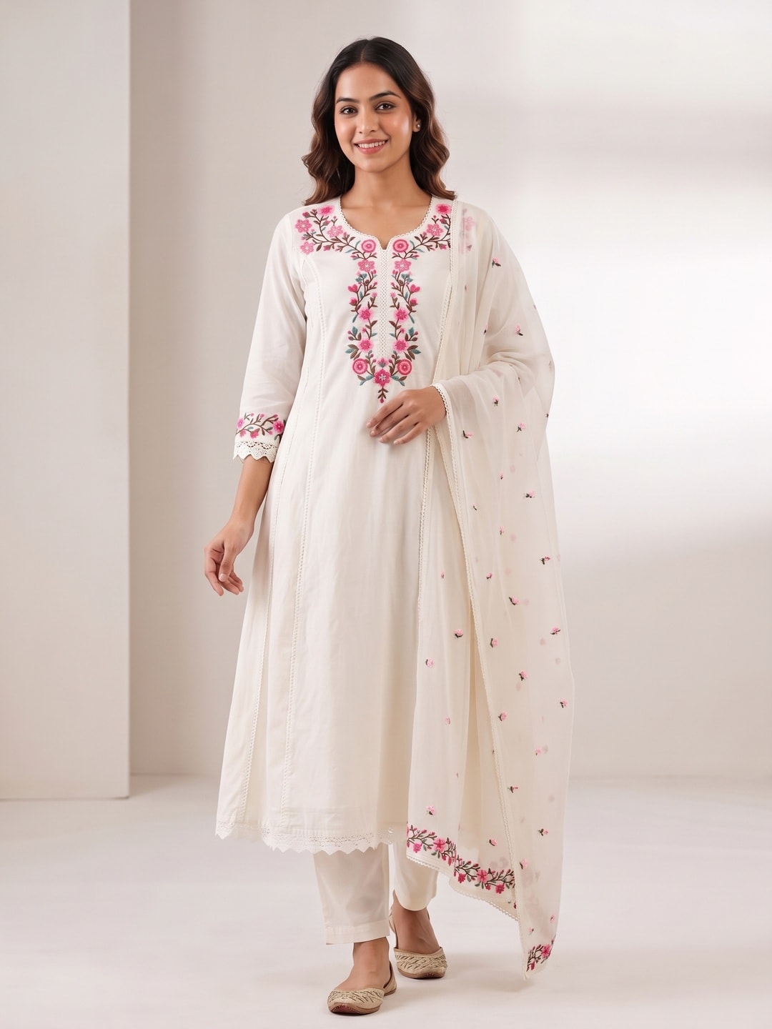 Peachmode Off White Pure Cotton Floral Embroidered Salwar Suit with Mul Cotton Dupatta - Image 1