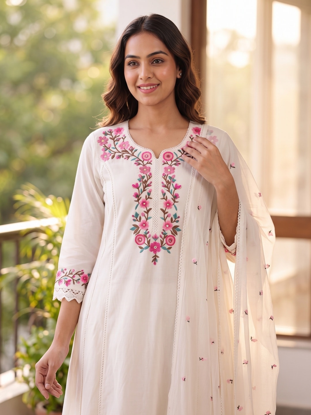 Peachmode Off White Pure Cotton Floral Embroidered Salwar Suit with Mul Cotton Dupatta - Image 5
