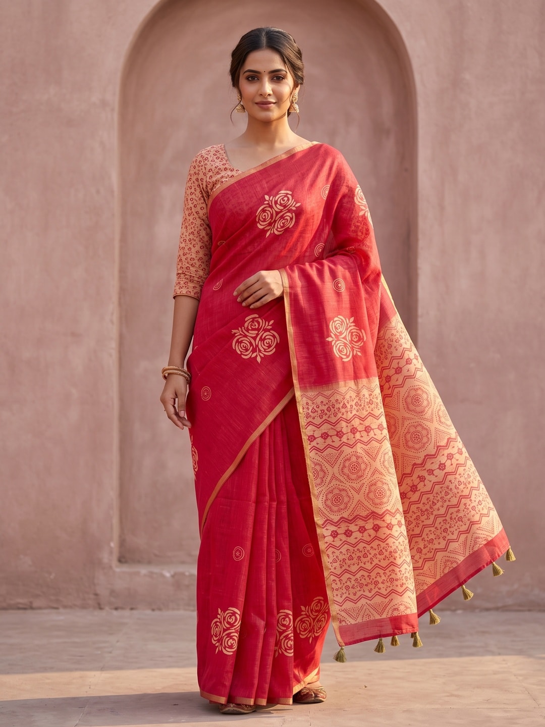 Peachmode Red Floral Printed Linen Saree With Zari Border - Image 1