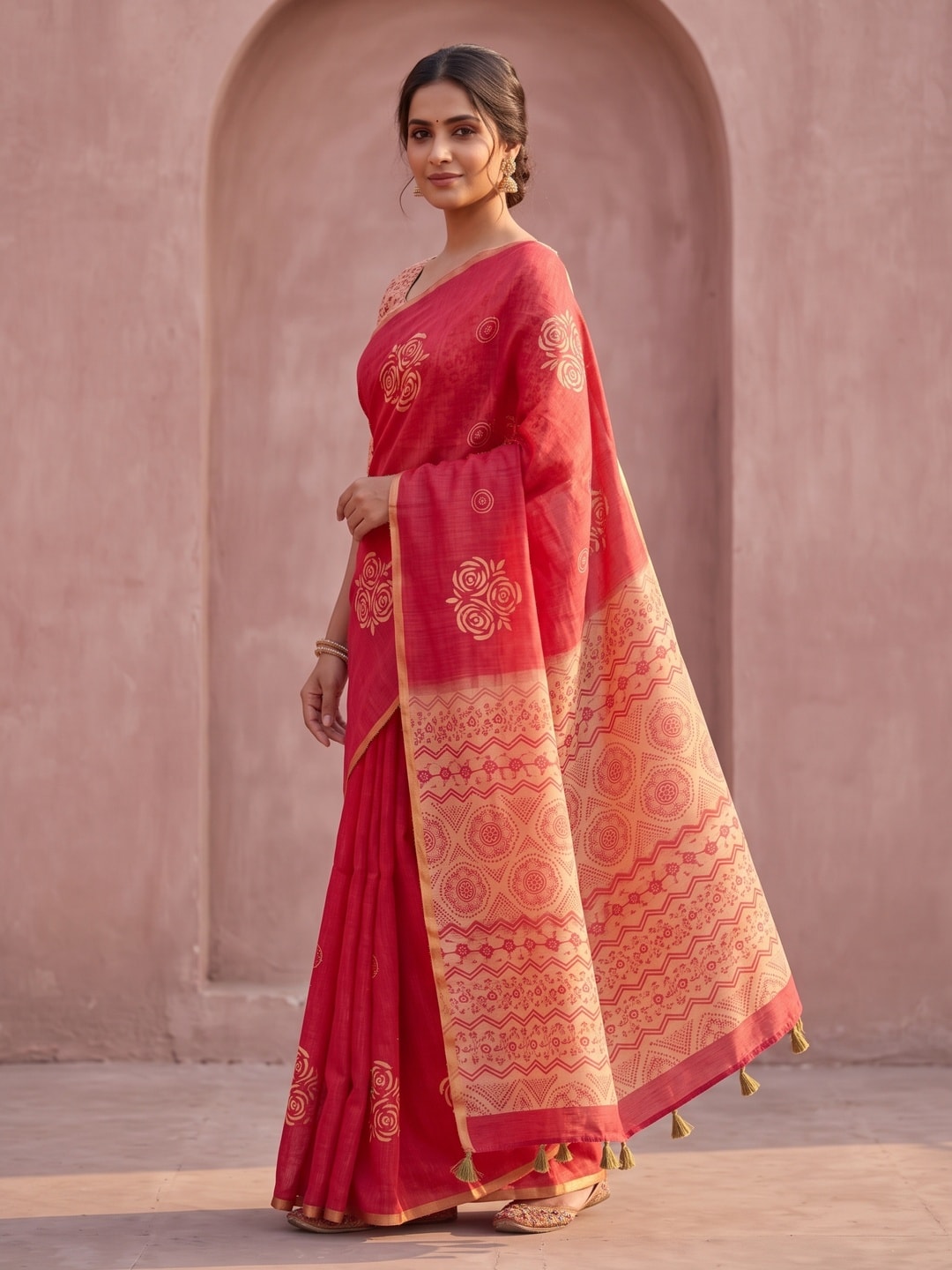 Peachmode Red Floral Printed Linen Saree With Zari Border - Image 3