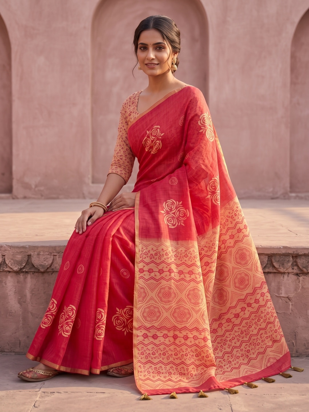 Peachmode Red Floral Printed Linen Saree With Zari Border - Image 4