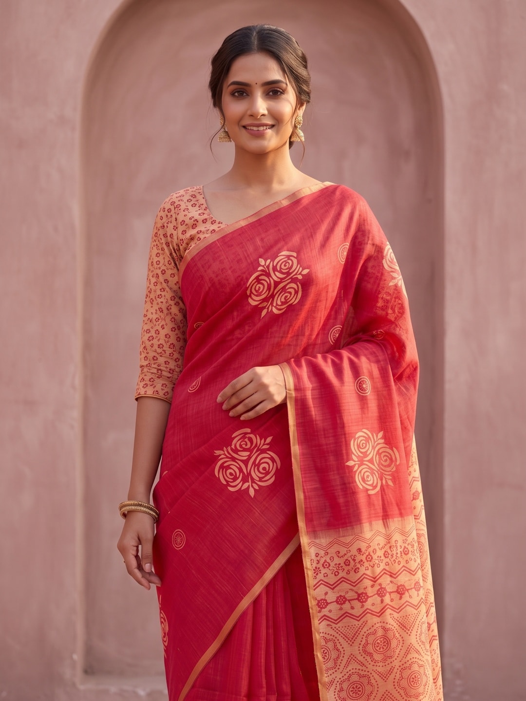 Peachmode Red Floral Printed Linen Saree With Zari Border - Image 5