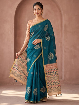 Peachmode Teal Floral Printed Linen Saree With Zari Border - Image 1