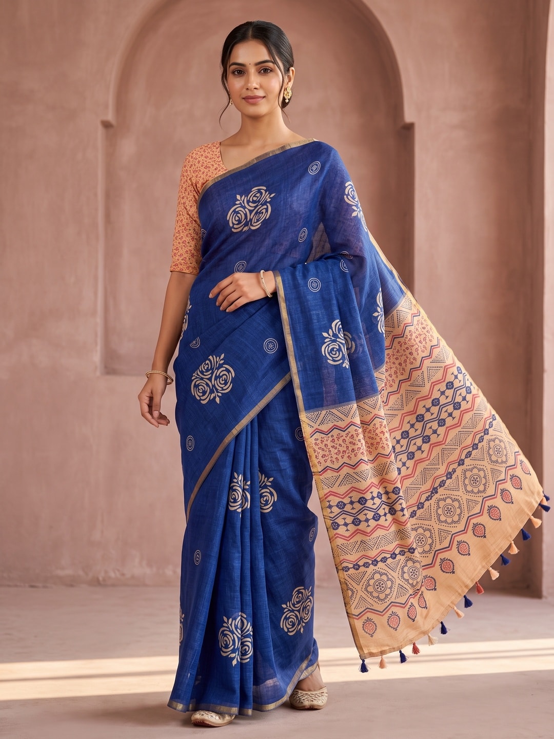 Peachmode Royal Blue Floral Printed Linen Saree With Zari Border - Image 1