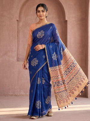 Peachmode Royal Blue Floral Printed Linen Saree With Zari Border - Image 1