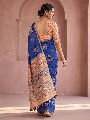 Peachmode Royal Blue Floral Printed Linen Saree With Zari Border - Image 2