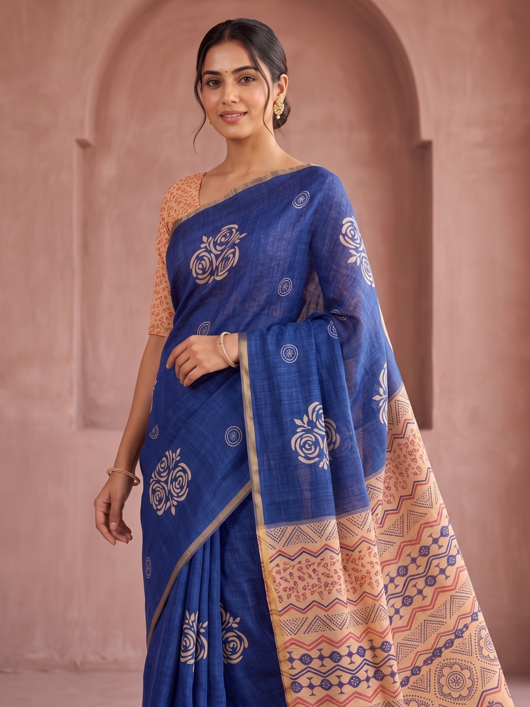 Peachmode Royal Blue Floral Printed Linen Saree With Zari Border - Image 5