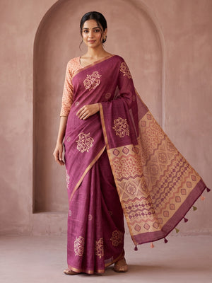 Peachmode Wine Floral Printed Linen Saree With Zari Border - Image 1