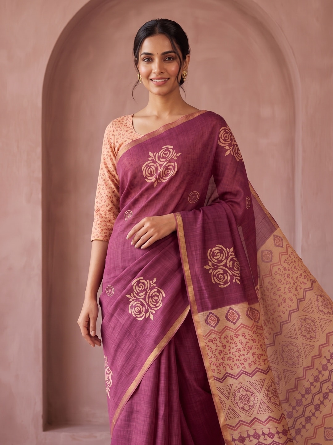 Peachmode Wine Floral Printed Linen Saree With Zari Border - Image 4