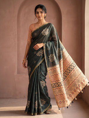 Peachmode Charcoal Grey Floral Printed Linen Saree With Zari Border - Image 1