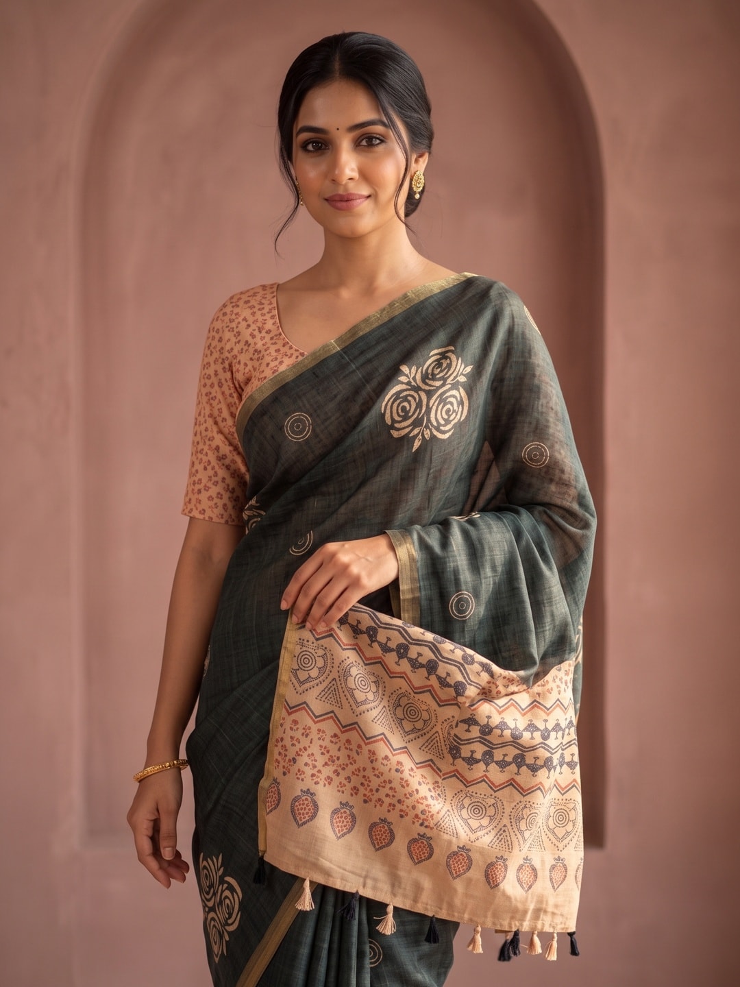 Peachmode Charcoal Grey Floral Printed Linen Saree With Zari Border - Image 4