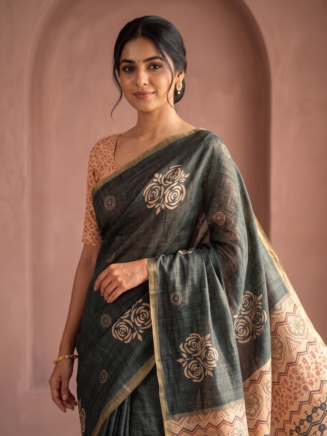 Peachmode Charcoal Grey Floral Printed Linen Saree With Zari Border - Image 5