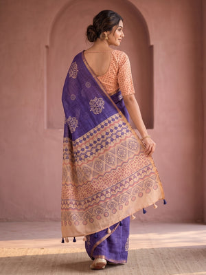 Peachmode Purple Floral Printed Linen Saree With Zari Border - Image 2