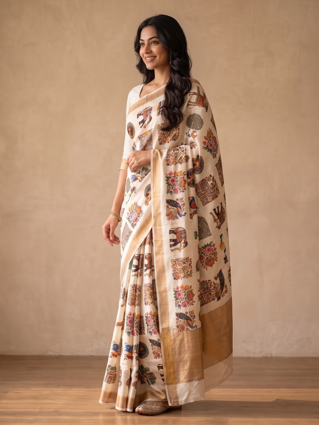 Peachmode Off White Chinon Saree With Ethnic Print And Mirror Work - Image 2