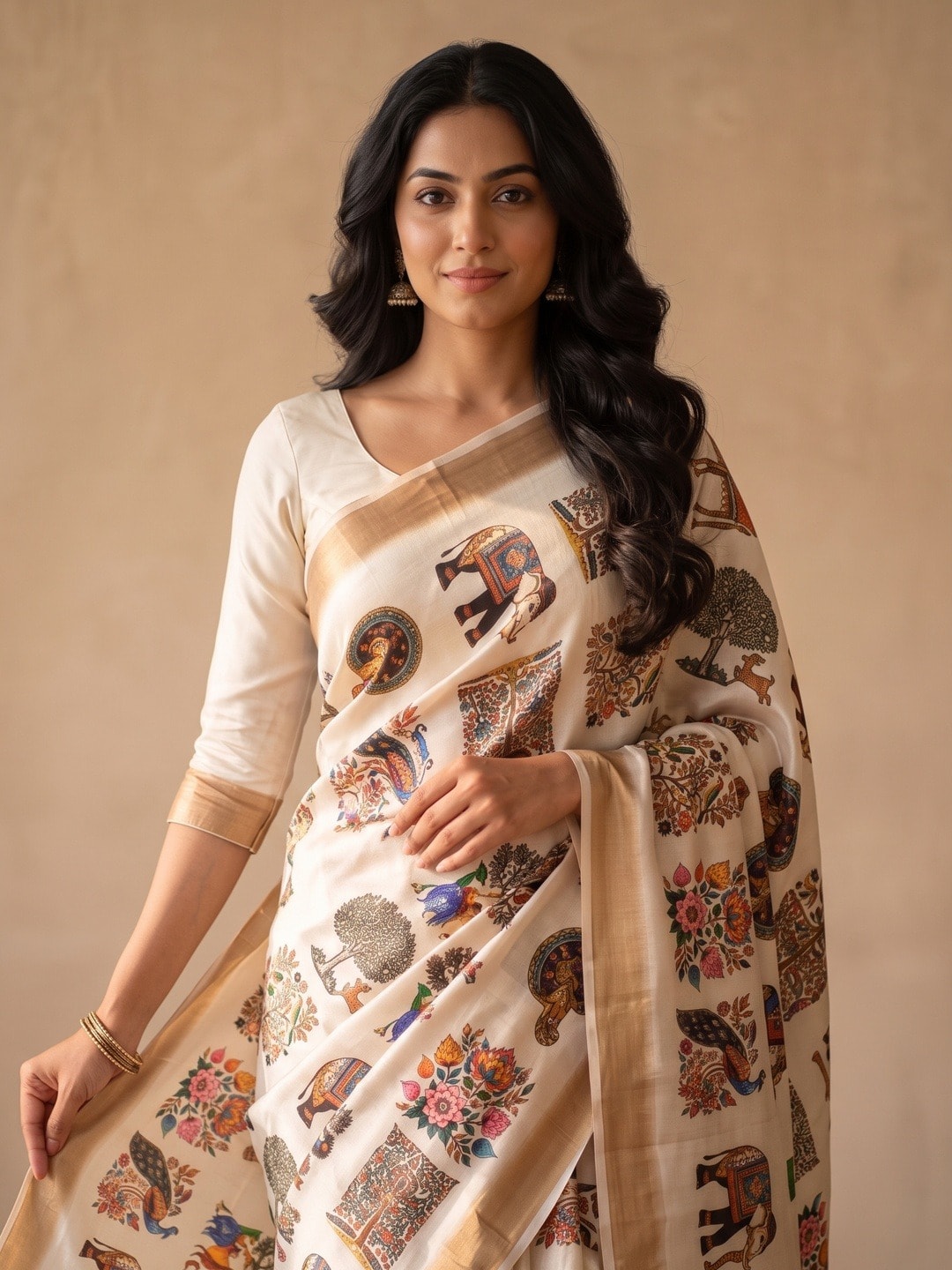 Peachmode Off White Chinon Saree With Ethnic Print And Mirror Work - Image 3